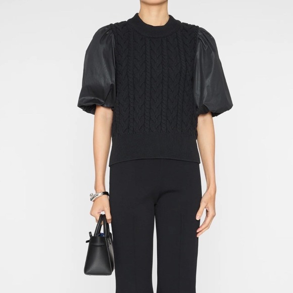 $218 RAILS Karina Black Cable Knit Sweater‎ w/Puff Sleeves, Mock Neck Top Size S - Picture 3 of 8